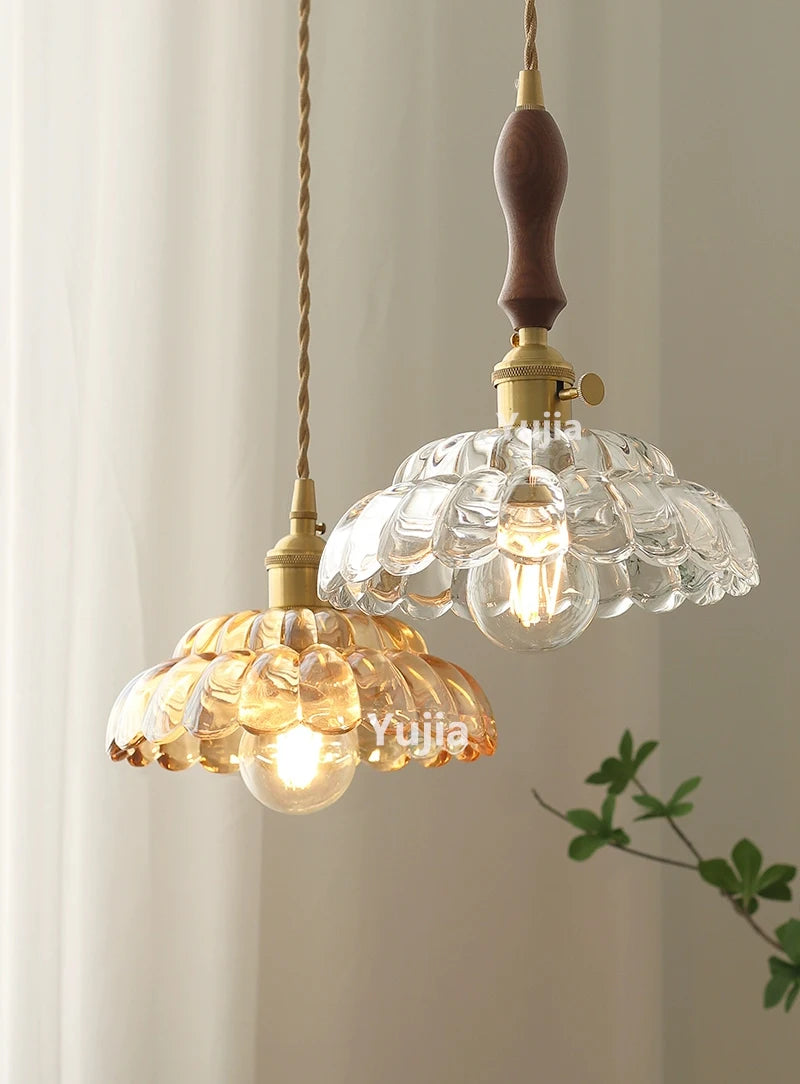 Amber Glass & Brass Pendant — Vintage Bedside Light