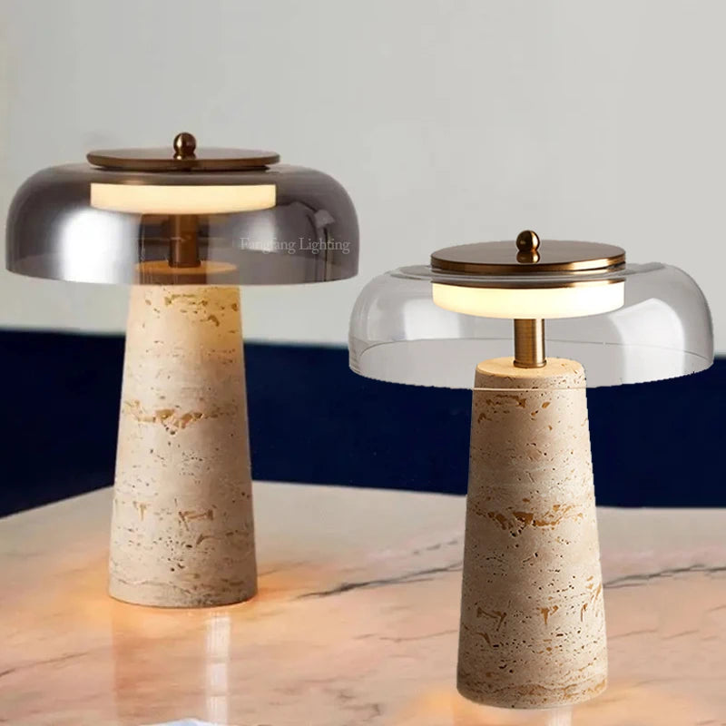Travertine Mushroom Table Lamp — Natural Yellow Cave Stone (Dimmable)