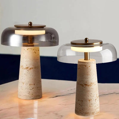 Travertine Mushroom Table Lamp — Natural Yellow Cave Stone (Dimmable)