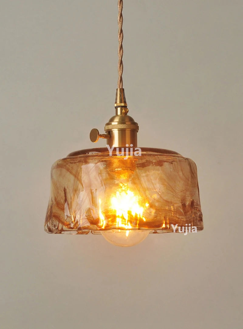 Amber Glass & Brass Pendant — Vintage Bedside Light