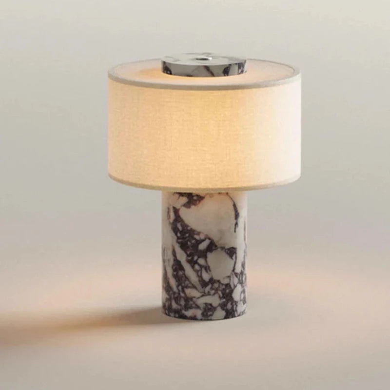 Travertine Cylinder Table Lamp — Marble Base &amp; Linen Shade