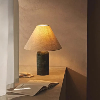 Yellow Travertine Table Lamp — Japanese Marble Base & Fabric Shade