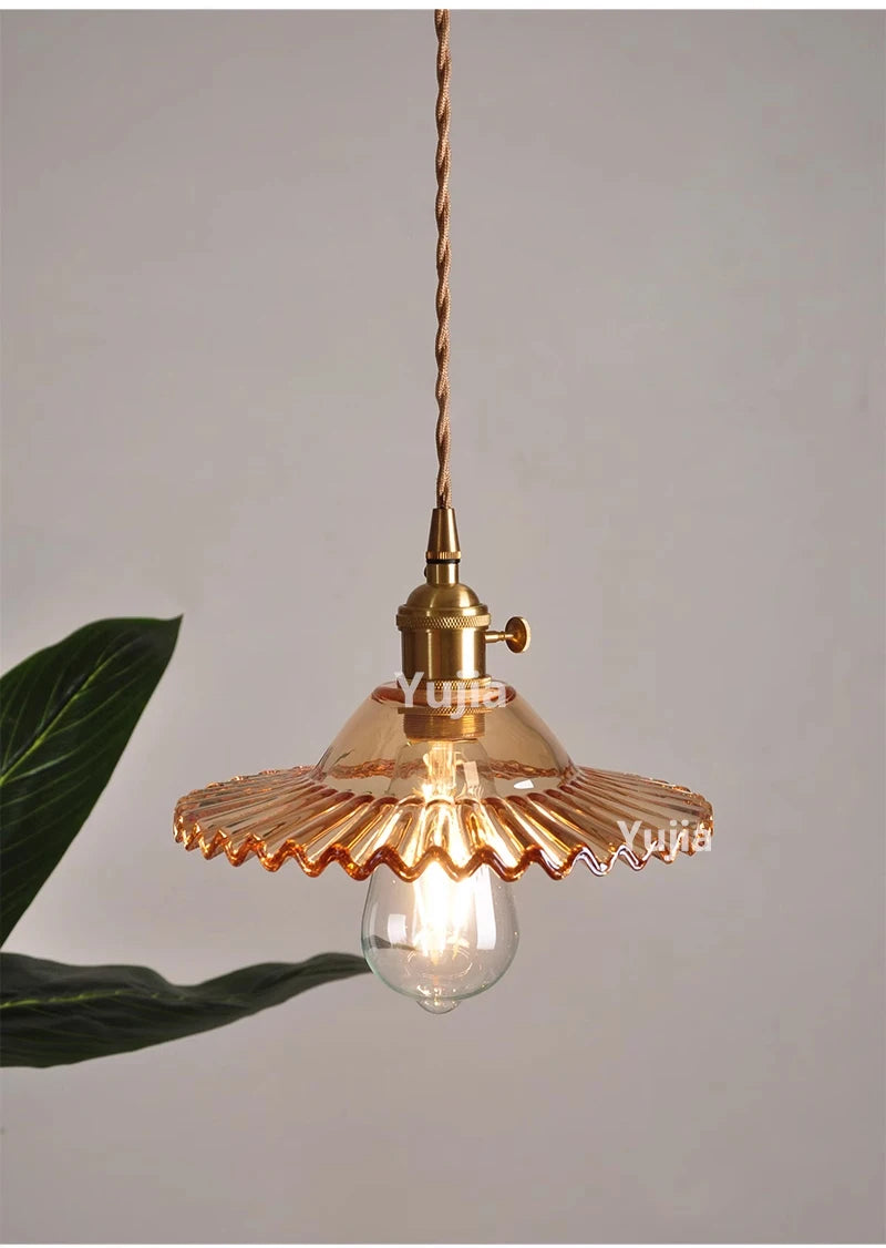 Amber Glass & Brass Pendant — Vintage Bedside Light
