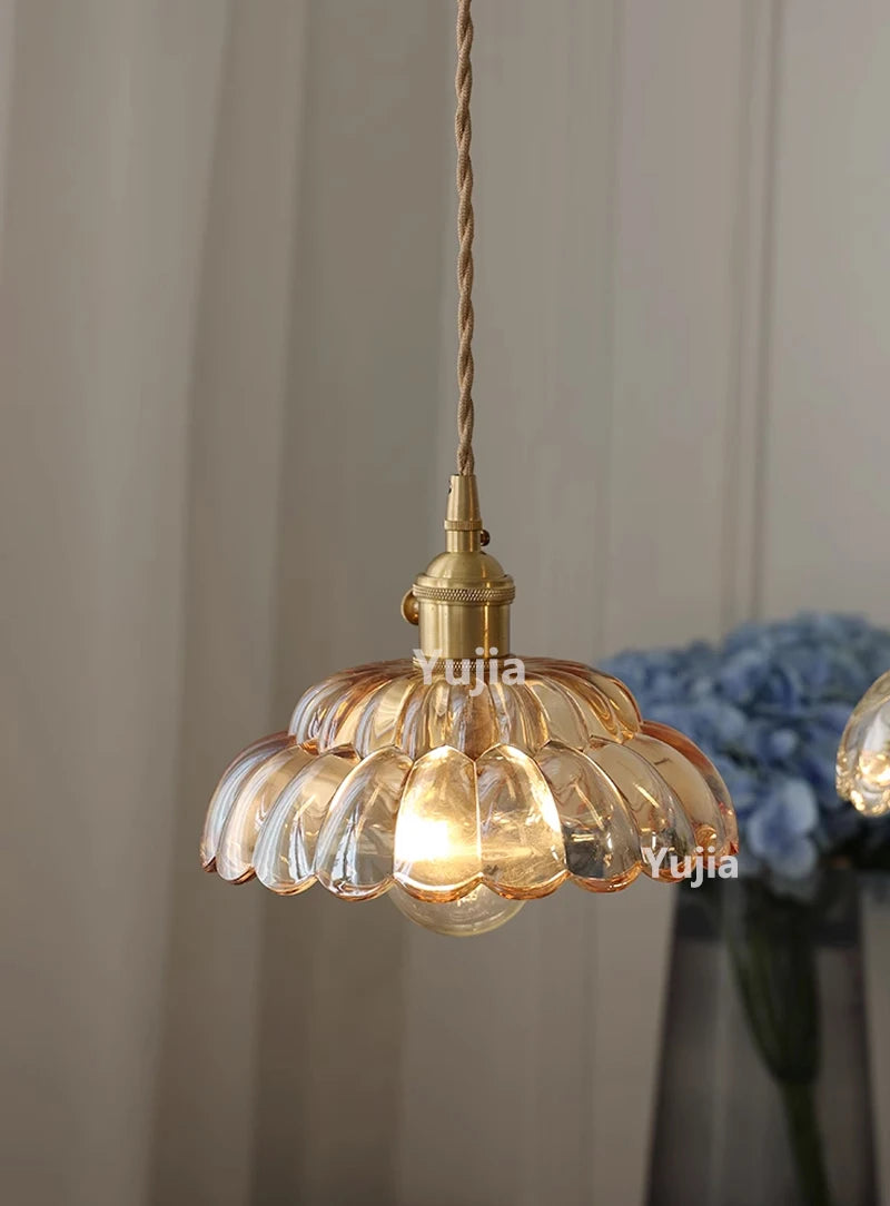 Amber Glass & Brass Pendant — Vintage Bedside Light