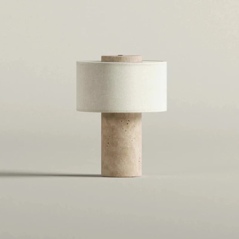 Travertine Cylinder Table Lamp — Marble Base &amp; Linen Shade