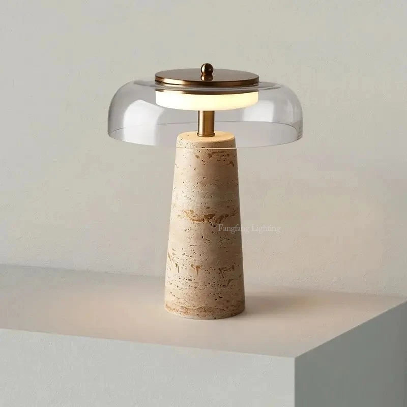 Travertine Mushroom Table Lamp — Natural Yellow Cave Stone (Dimmable)