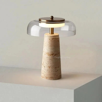 Travertine Mushroom Table Lamp — Natural Yellow Cave Stone (Dimmable)