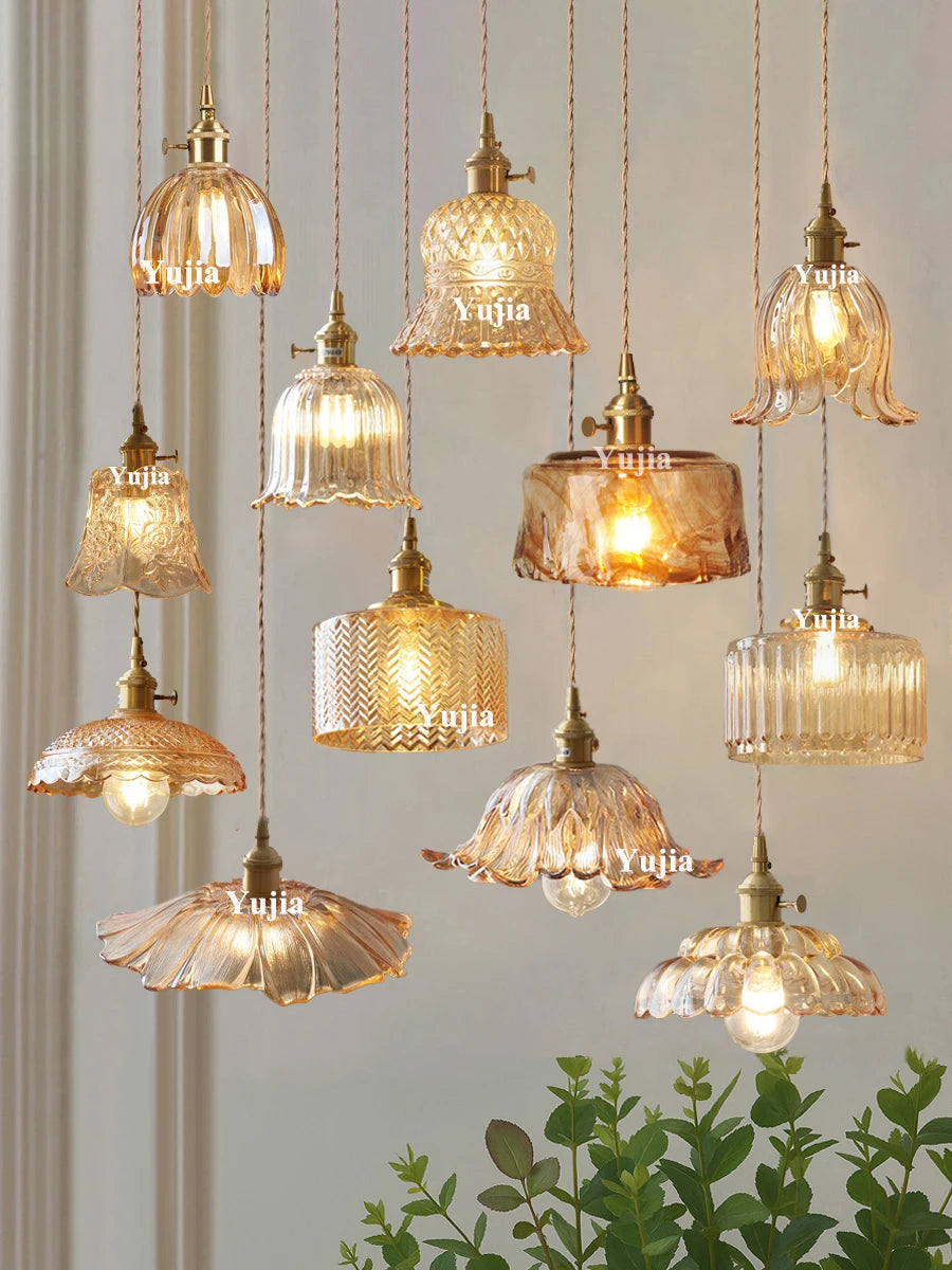 Amber Glass & Brass Pendant — Vintage Bedside Light