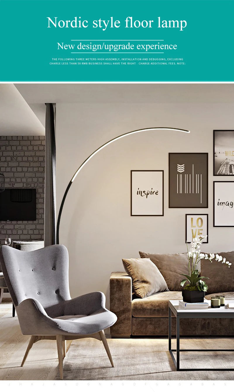 Nordic Arc Floor Lamp — Dimmable LED with Remote (Brushed Steel)