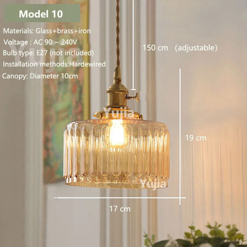 Amber Glass & Brass Pendant — Vintage Bedside Light
