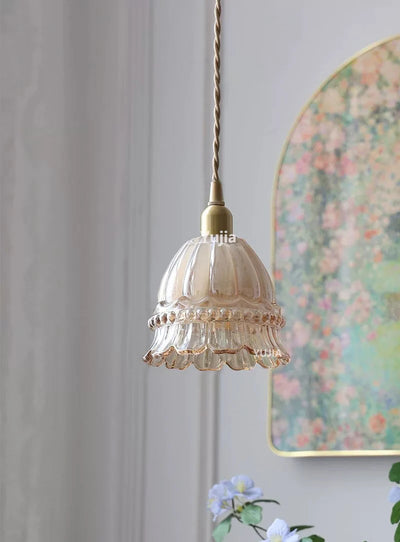 Amber Glass & Brass Pendant — Vintage Bedside Light