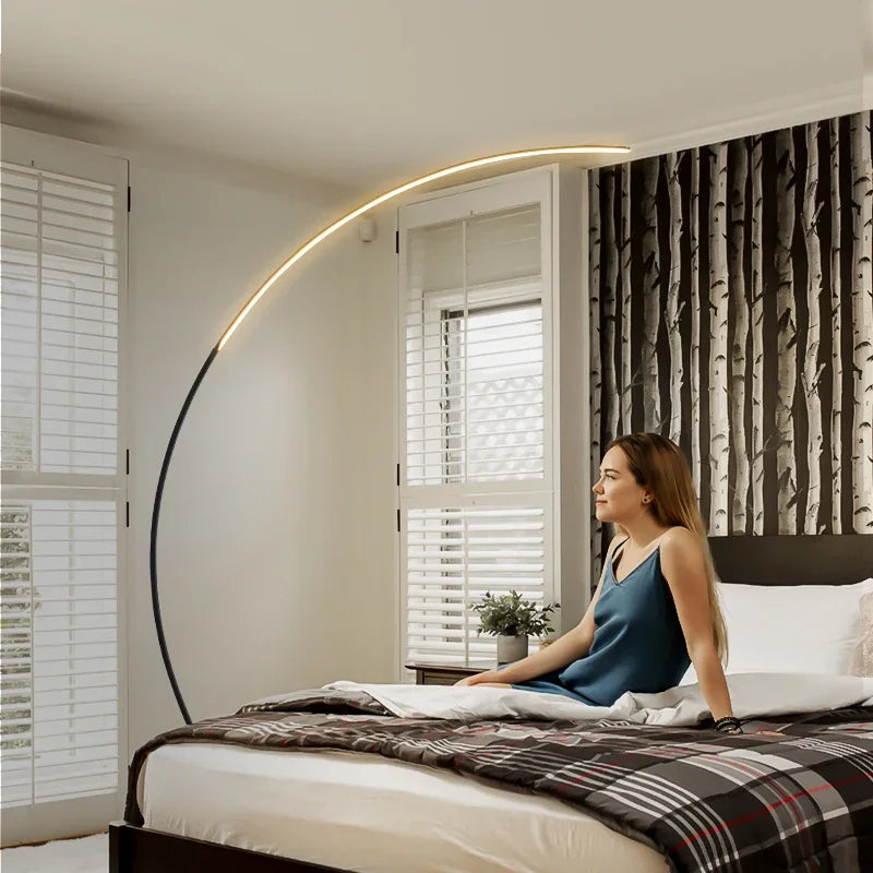 Nordic Arc Floor Lamp — Dimmable LED with Remote (Brushed Steel)