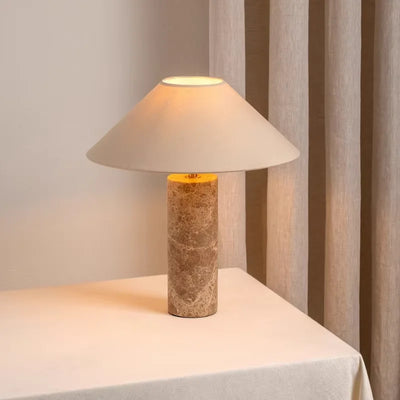 Yellow Travertine Table Lamp — Japanese Marble Base & Fabric Shade