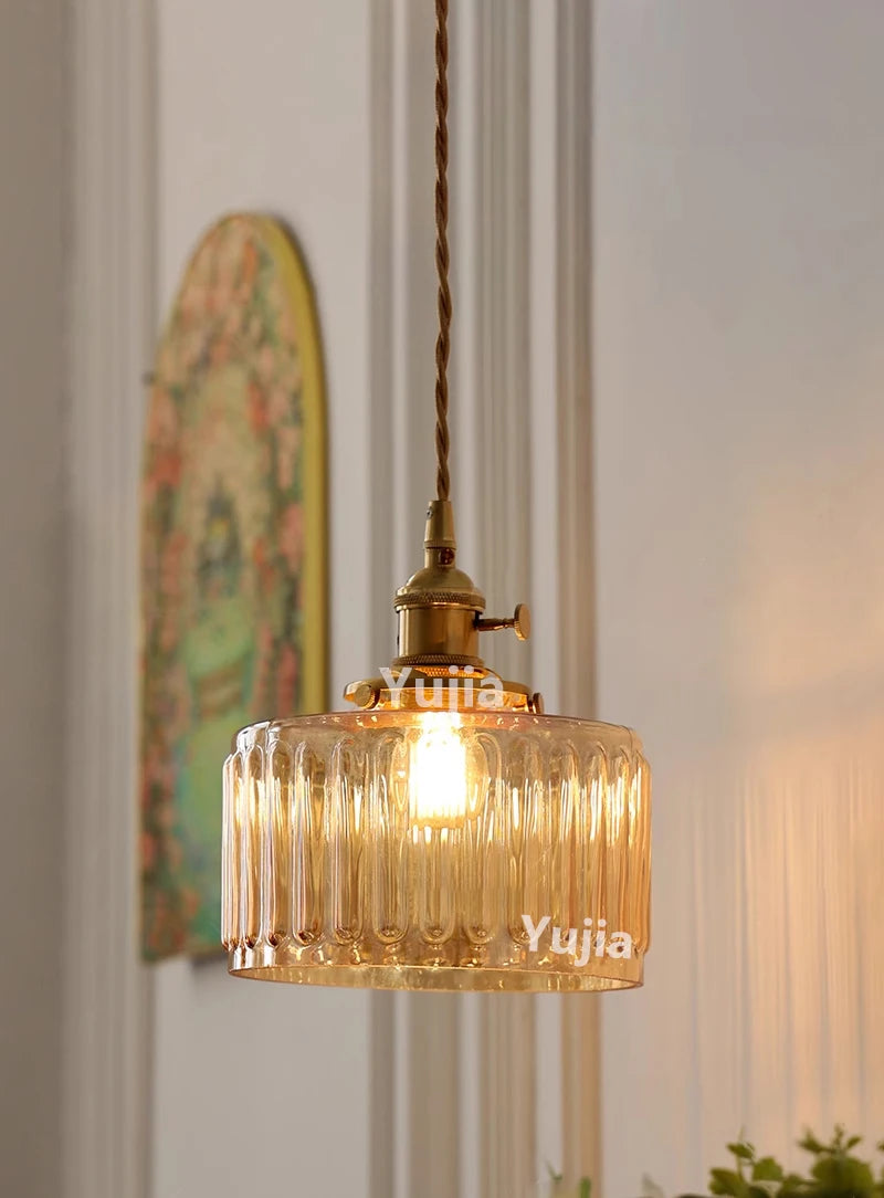 Amber Glass & Brass Pendant — Vintage Bedside Light