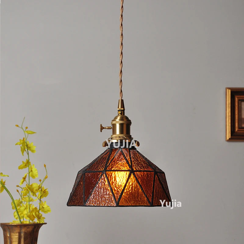 Amber Glass & Brass Pendant — Vintage Bedside Light