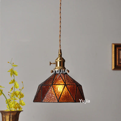 Amber Glass & Brass Pendant — Vintage Bedside Light