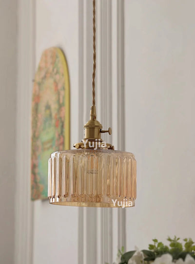 Amber Glass & Brass Pendant — Vintage Bedside Light