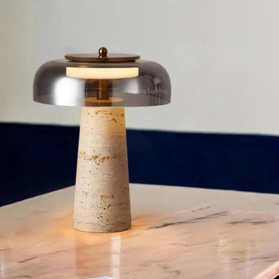 Travertine Mushroom Table Lamp — Natural Yellow Cave Stone (Dimmable)