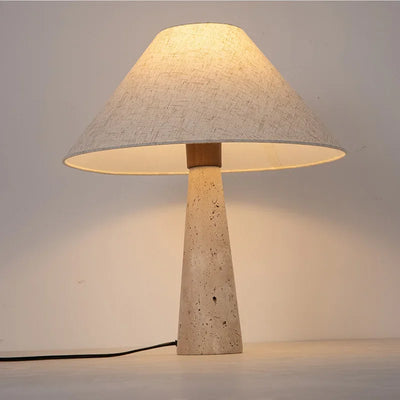 Yellow Travertine Table Lamp — Japanese Marble Base & Fabric Shade