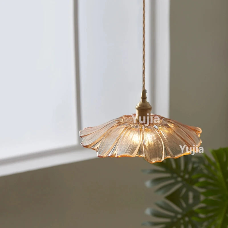 Amber Glass & Brass Pendant — Vintage Bedside Light