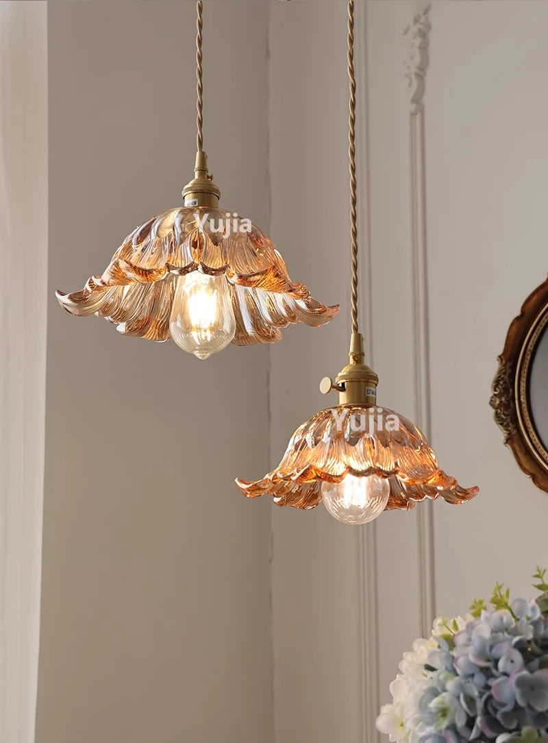 Amber Glass & Brass Pendant — Vintage Bedside Light