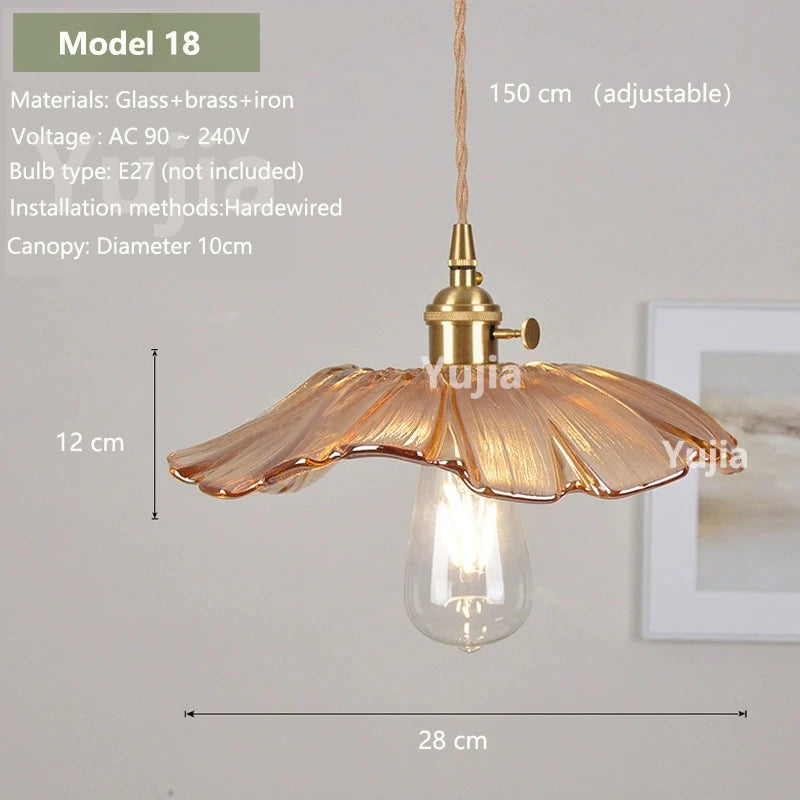 Amber Glass & Brass Pendant — Vintage Bedside Light