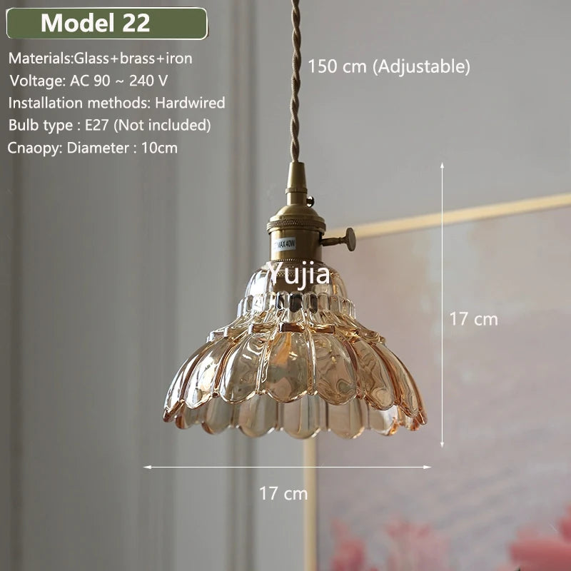 Amber Glass & Brass Pendant — Vintage Bedside Light