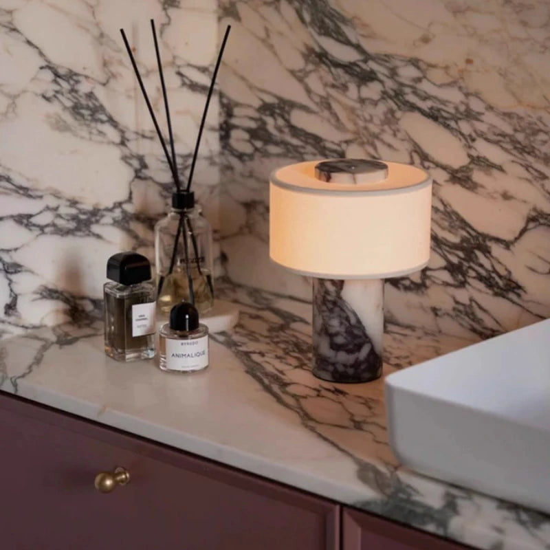Travertine Cylinder Table Lamp — Marble Base &amp; Linen Shade