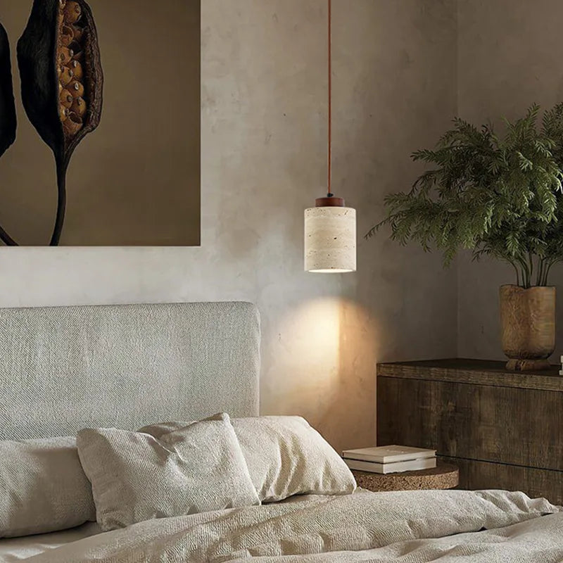 Wabi-Sabi Stone Pendant Light — Japanese Bedside Hanging Lamp