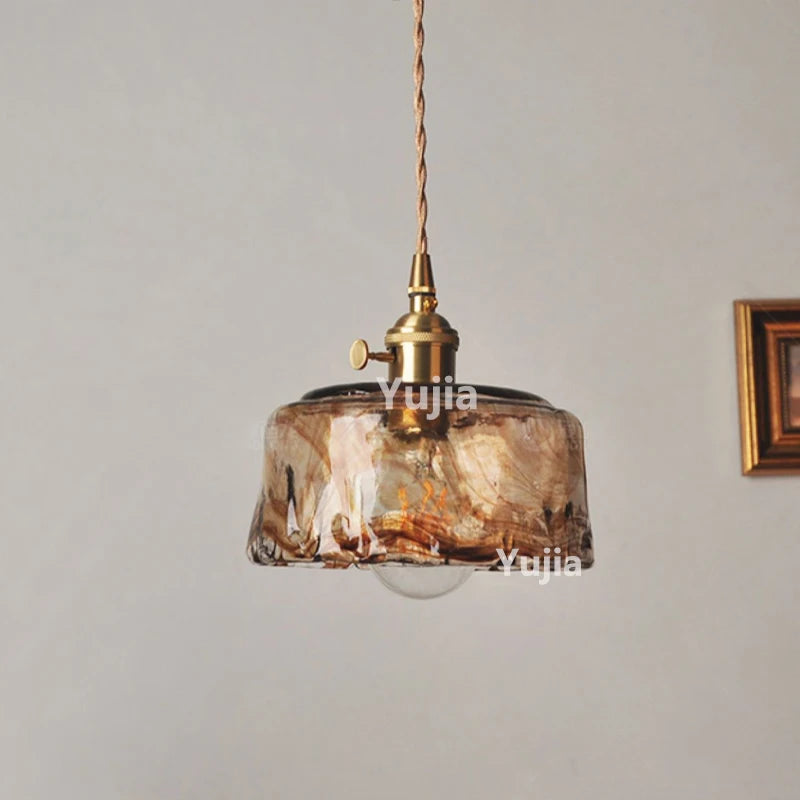 Amber Glass & Brass Pendant — Vintage Bedside Light