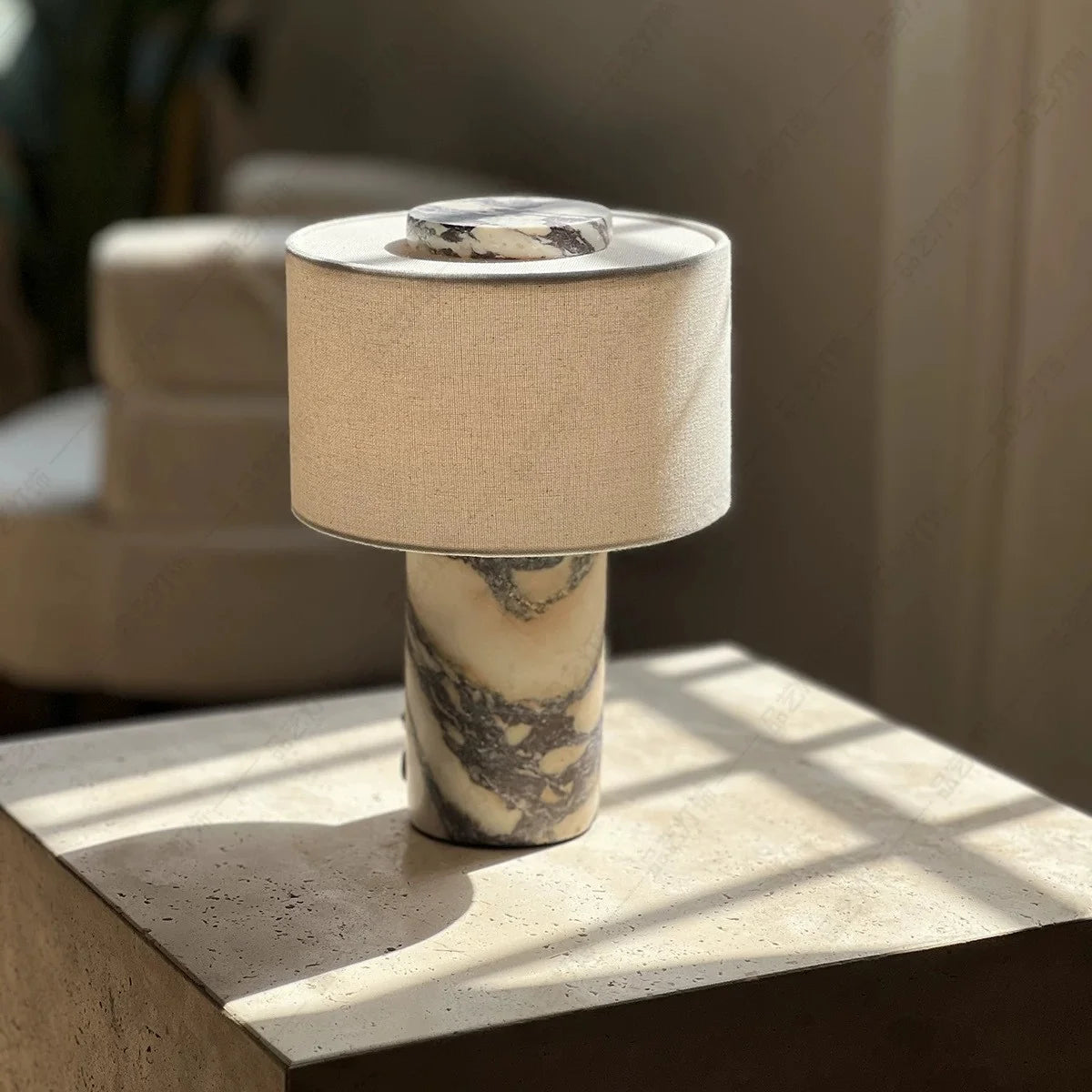 Travertine Cylinder Table Lamp — Marble Base &amp; Linen Shade