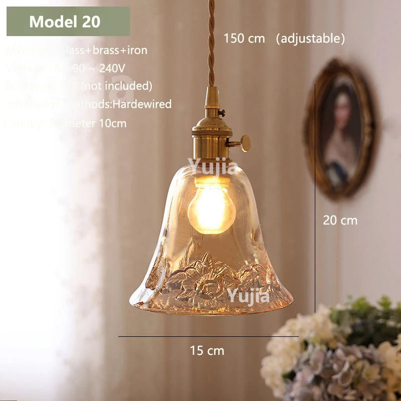 Amber Glass & Brass Pendant — Vintage Bedside Light