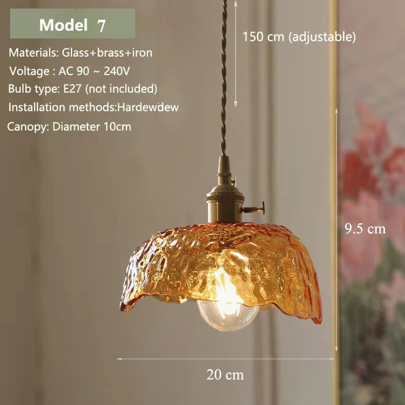Amber Glass & Brass Pendant — Vintage Bedside Light