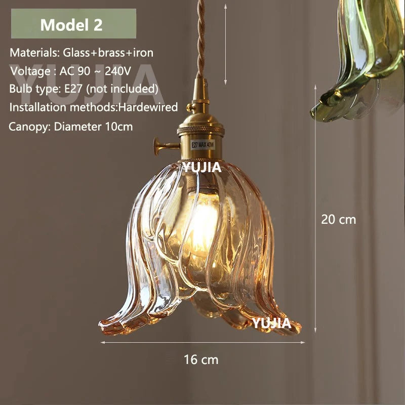 Amber Glass & Brass Pendant — Vintage Bedside Light