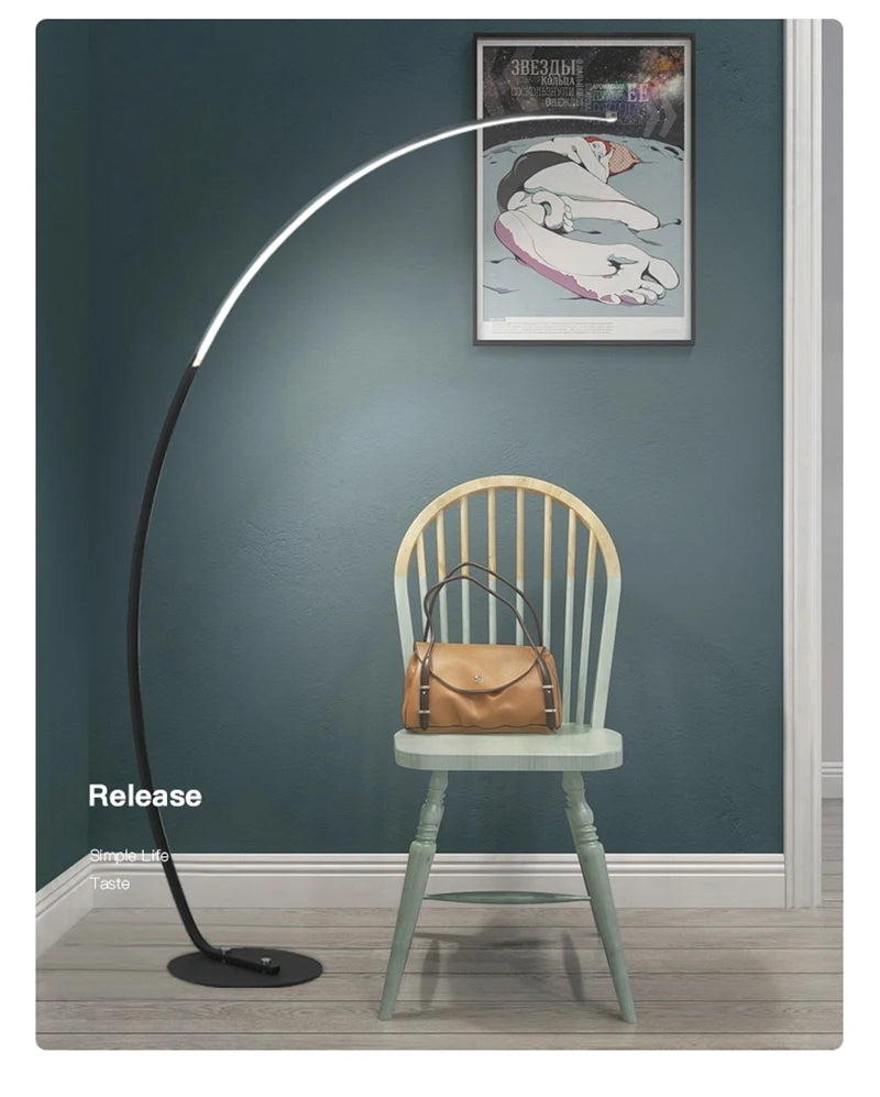 Nordic Arc Floor Lamp — Dimmable LED with Remote (Brushed Steel)