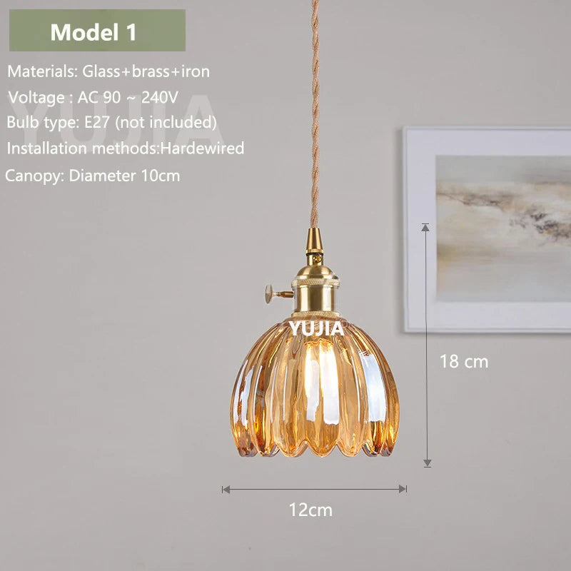 Amber Glass & Brass Pendant — Vintage Bedside Light