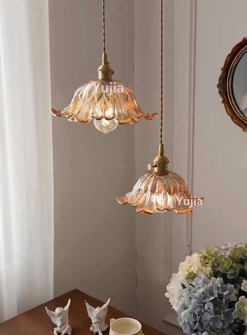 Amber Glass & Brass Pendant — Vintage Bedside Light
