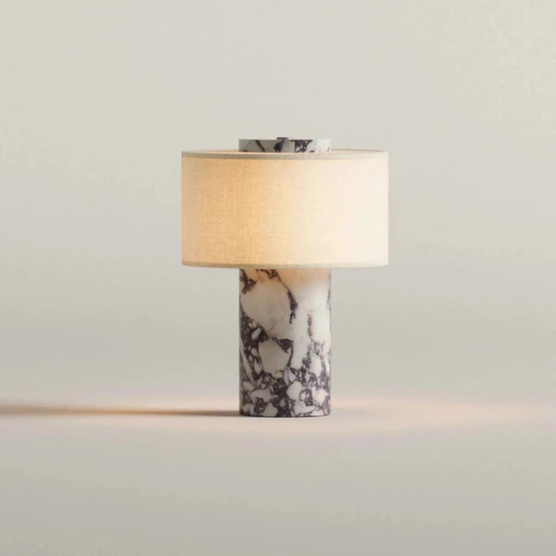 Travertine Cylinder Table Lamp — Marble Base &amp; Linen Shade