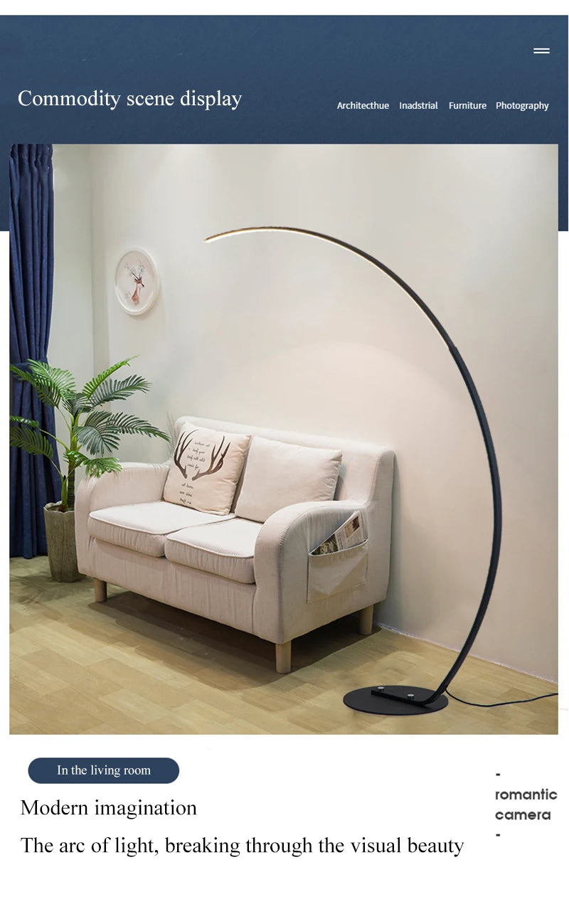 Nordic Arc Floor Lamp — Dimmable LED with Remote (Brushed Steel)