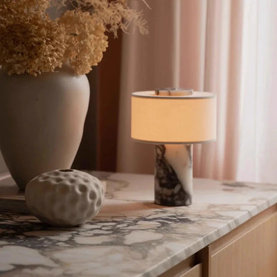 Travertine Cylinder Table Lamp — Marble Base &amp; Linen Shade