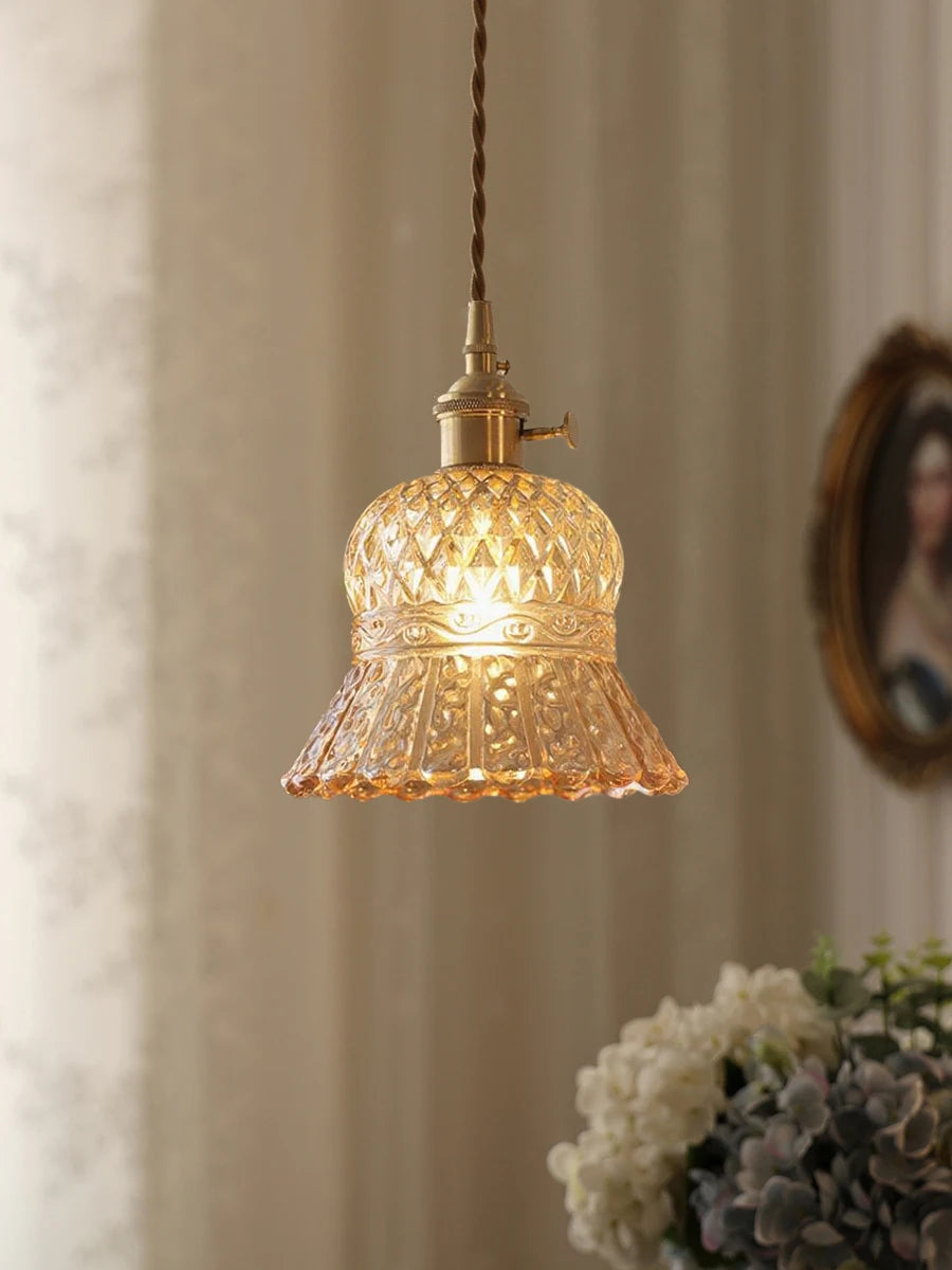 Amber Glass & Brass Pendant — Vintage Bedside Light