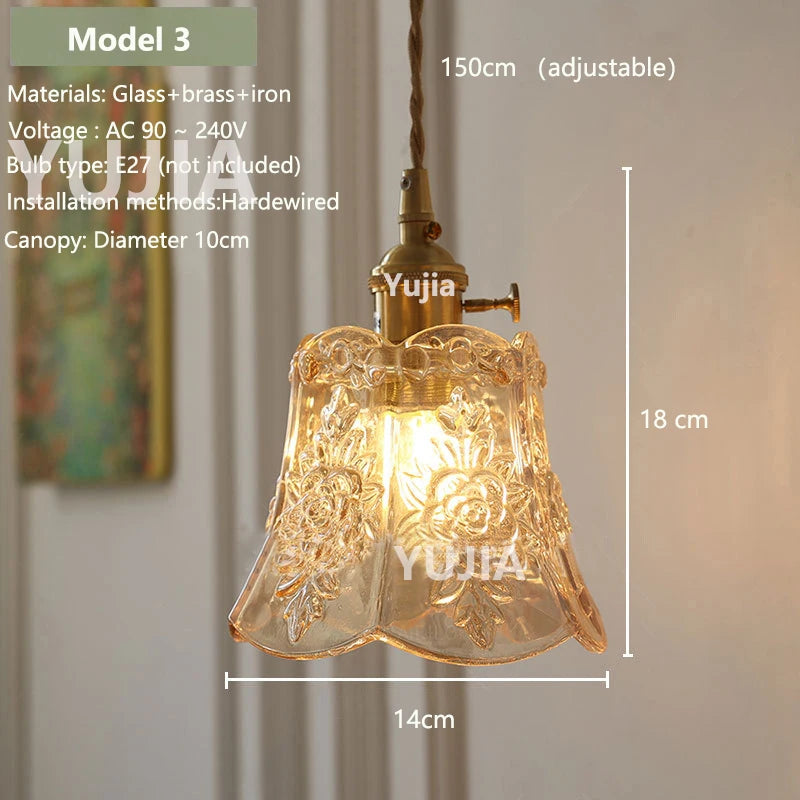 Amber Glass & Brass Pendant — Vintage Bedside Light
