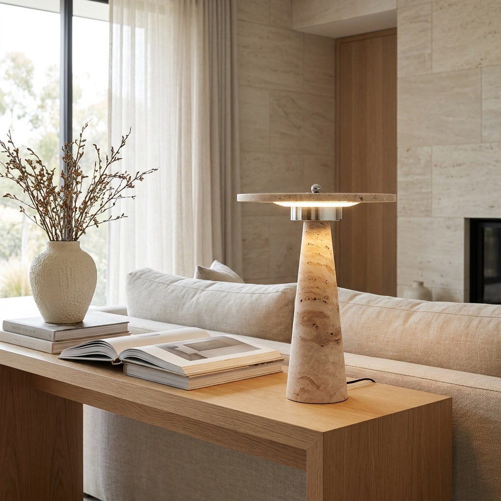 Travertine mushroom lamp styled on a console in a modern living room