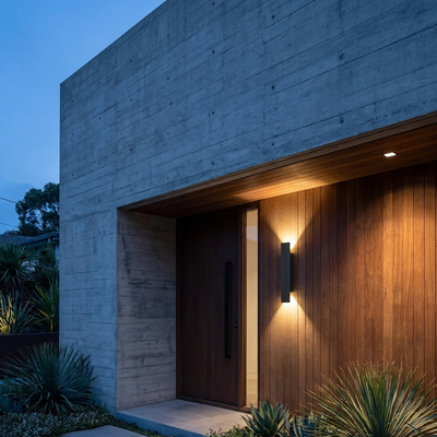 Linear up/down wall light on a concrete and wood facade at blue hour
