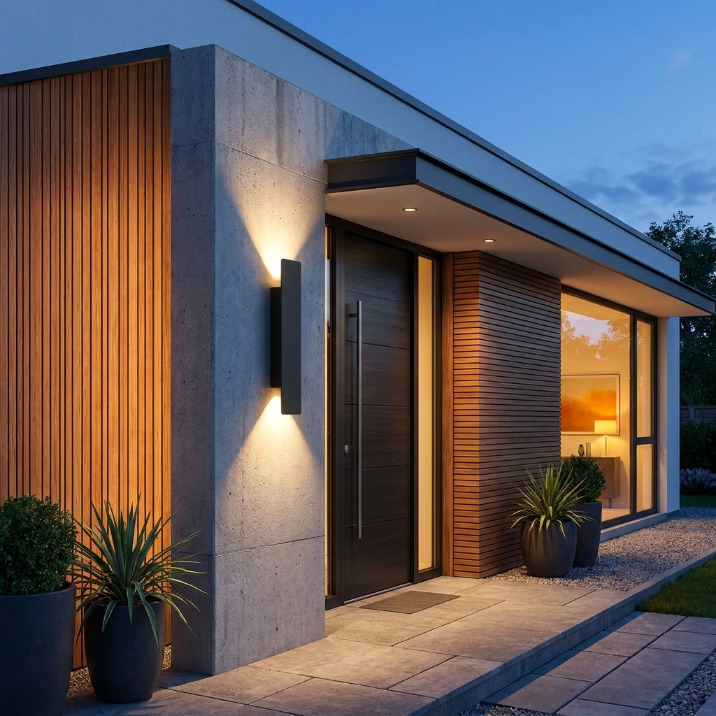Black up/down LED wall light beside a modern front door at dusk