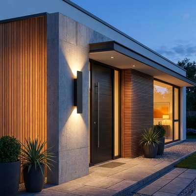 Black up/down LED wall light beside a modern front door at dusk