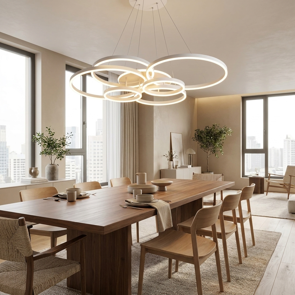 Modern circular LED chandelier in a bright minimalist dining room