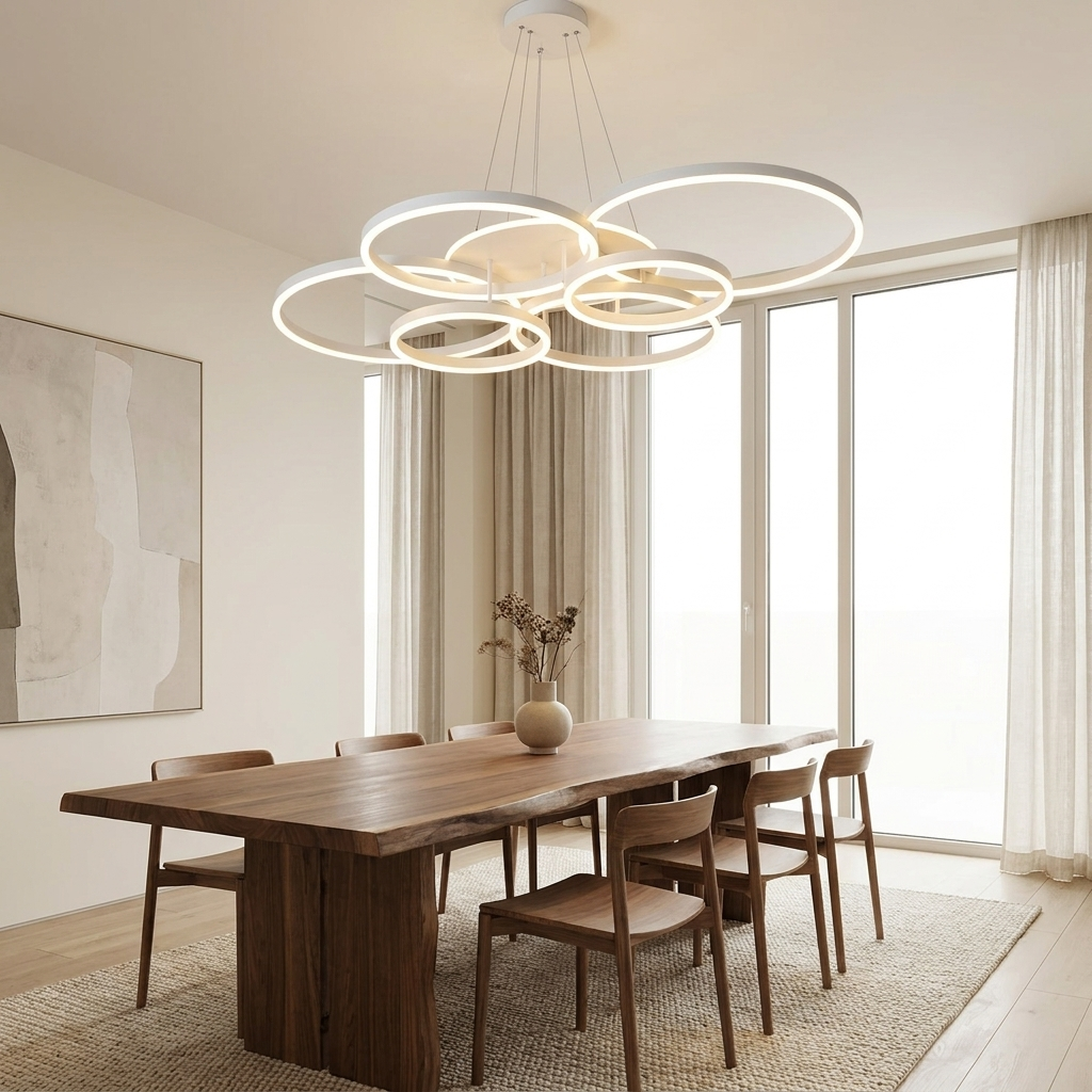 Linear ring LED chandelier over a walnut dining table