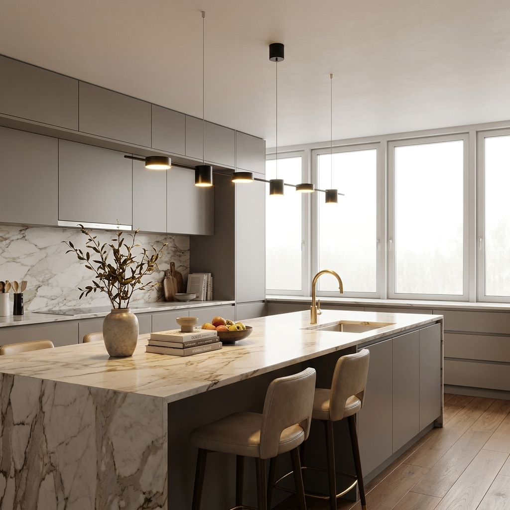 Molecular globe LED chandelier over a marble kitchen island