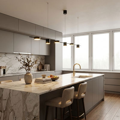 Molecular globe LED chandelier over a marble kitchen island
